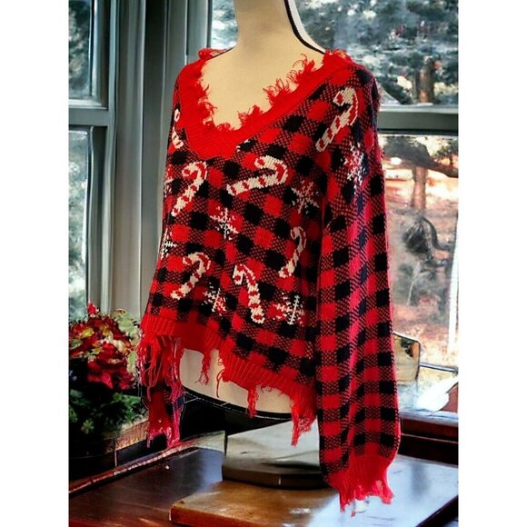 Derek Heart Distressed Cropped V Neck Sweater Junior Size L Plaid Candy Cane - Picture 1 of 16